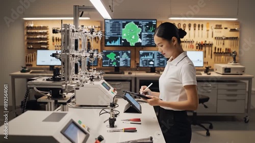 Asian Woman Engineer Working in High Tech Laboratory.