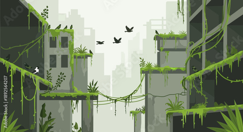 Overgrown Cityscape Nature Reclaiming Urban Ruins After the Apocalypse.