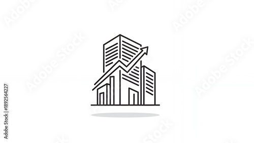 Minimalist line art of skyscraper with upward arrow symbolizing growth