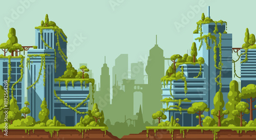 Overgrown Cityscape Nature Reclaiming Urban Architecture in a PostApocalyptic World.