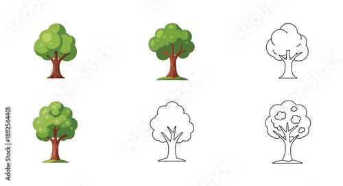 Collection of cartoon trees in varying styles and levels of detail