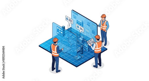 Isometric illustration of three construction workers analyzing building plans on a large blue blueprint in a modern workspace.