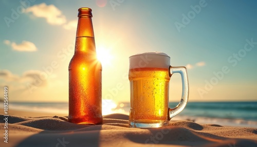Beer bottle and glass mug on sandy beach at sunset. Alcohol drink with foam on ocean coast. Summer vacation on paradise tropical island. Refreshment beverage with sun light flare.