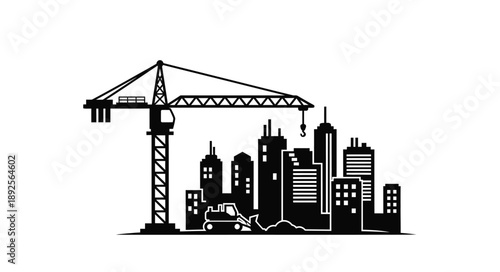 Black and white illustration of a city skyline with a construction crane