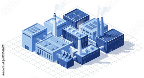 Isometric illustration of a blue industrial complex with smokestacks on a grid background