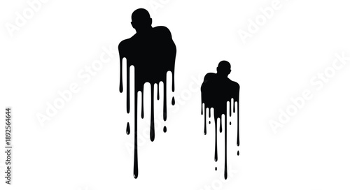 Silhouettes of people melting into dripping black shapes against white