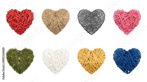 Heart shape craft set including wicker, moss, twine, wire, and woven textures isolated. Decorative love and romantic symbol collection.