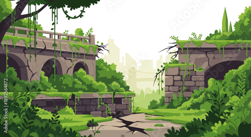 Overgrown Ruins A Cartoon Illustration of Nature Reclaiming Ancient Structures.