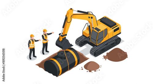 Illustration of workers operating an excavator for pipeline installation on a construction site