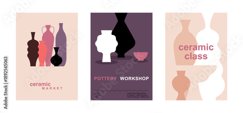 Ceramic posters set with pottery vases. Craft market, pottery workshop and ceramic class cards. Minimalist vector illustration