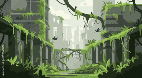 Overgrown Ruins Nature Reclaiming Urban Spaces in a PostApocalyptic World.