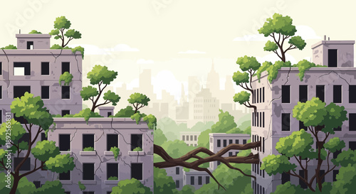 PostApocalyptic Cityscape with Nature Reclaiming Buildings.
