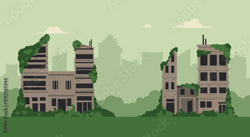 PostApocalyptic Cityscape with Ruined Buildings and Overgrown Vegetation.