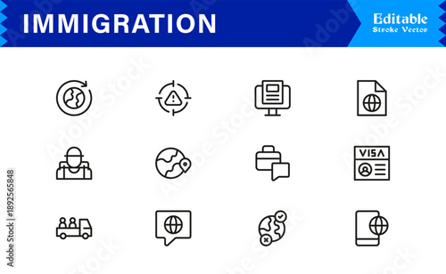 Immigration and Visa Line Icon Set – Modern, Professional, and Pixel-Perfect Minimal Outline Symbols