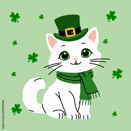 Playful White Cat in Green Hat and Scarf Surrounded by Clovers