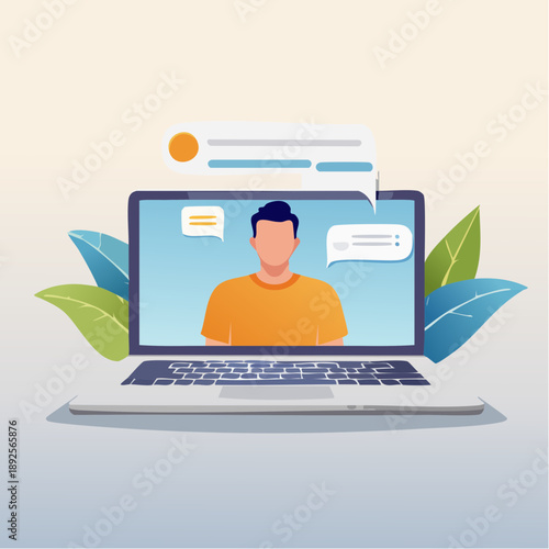 Virtual communication and digital collaboration concept, featuring a laptop displaying a person in a video call with chat messages, symbolizing online support, remote work, and e-learning