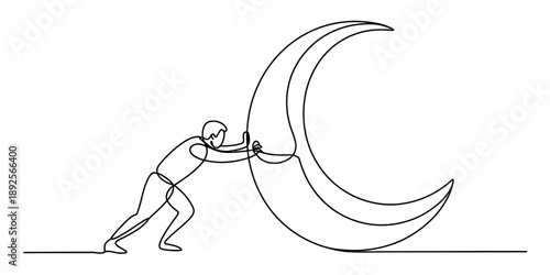 A person struggles to push a large crescent moon, symbolizing great effort and determination Vector, illustration