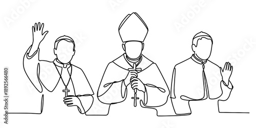 This minimalist continuous line drawing portrays three Christian clergy members. The central figure stands prominently, adorned with a mitre and holding a cross or staff, symbolizing a bishop or 