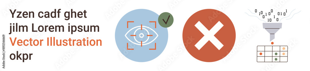Fototapeta premium Data processing, quality assurance, error detection, verification, approval, accuracy enhancement. Icons include an eye in focus, a rejection mark and a data funnel. Data verification and quality