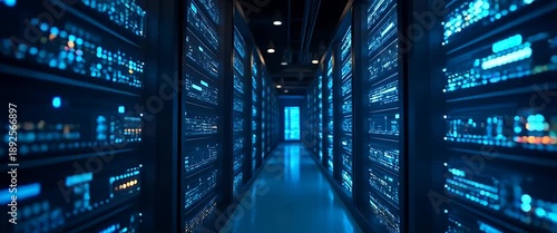 Modern data center servers hum softly in a cinematic, low-light environment as the camera smoothly tracks through the aisle, highlighting the digital infrastructure and glowing LED indicators.