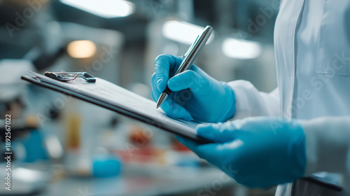 A scientist wearing blue gloves writing on a clipboard in a laboratory setting