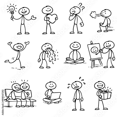 Hand drawn stickman character set showing emotions and actions: bright idea, love heart, thinking, running, cheering, sickness, meditation, painting, friends, laptop work, stress and gift.