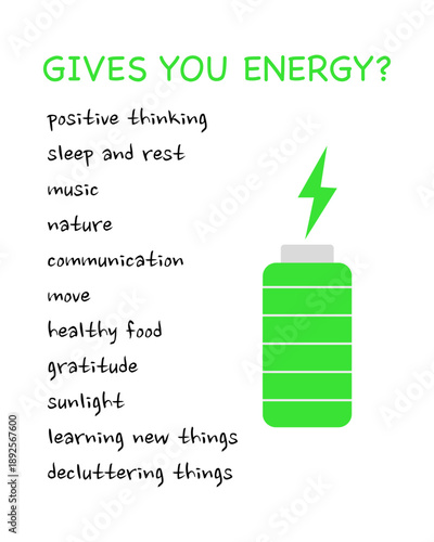 Happy life concept, battery sign. Do list, suggestion, advice or rules that make life success, things to do, solutions. Vector illustration EPS 10