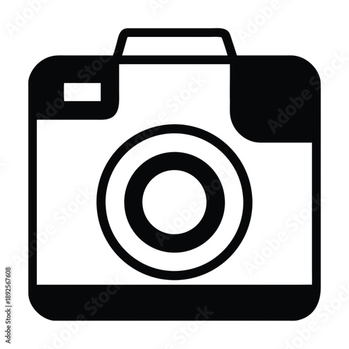 This vector illustration features a digital photo camera icon designed with a sleek lens and flash symbol, representing professional photography equipment for modern web and internet sign applications