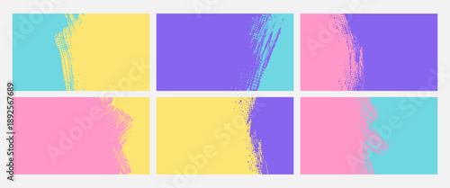 Vector illustration. Set of colorful grunge background templates with halftone dots, ink splatters, and brush strokes. Distressed panoramic wallpapers. Design for social media, web banner