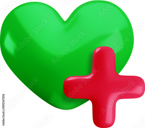 Vector cartoon 3d health and medical care icon. 3d render of green heart with red plus sign. Medicine, hospital, wellness and first aid symbol. First aid kit, life and healing game icons