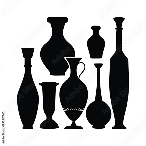 A set of two ceramic and glass vases with flowers isolated on white featuring a creative bottle and jug design illustration as a decorative vector art object