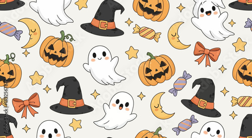 Cute Halloween seamless pattern with ghosts, pumpkins, witch hats, moons, stars, and candies on a light background, perfect for festive designs.