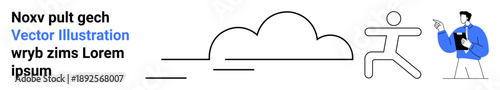 Cloud computing, digital transformation, data storage, teamwork, online guidance, workflow management. A cloud, a stick figure running and a professional with a clipboard. Cloud computing