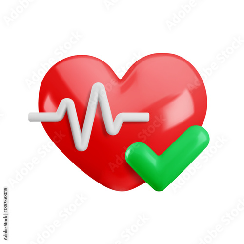 Vector cartoon 3d cardiology check icon. 3d render of red heart with white pulse line and green checkmark. Heartbeat rate sign. Medicine cardiogram, heart health check, cardio diagnostics symbol.
