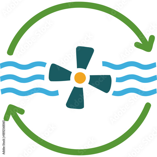 Circular motion illustration of a turbine with flowing water and green arrows indicating rotation and energy generation
