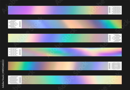Holographic mockup ticket wristband, event bracelet with adhesive area. Color spectrum sticker template. Vector illustration EPS10
