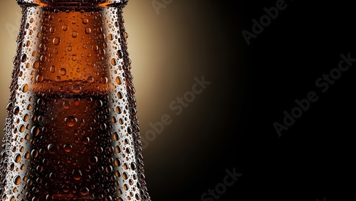 Close-up of a chilled brown glass bottle with condensation droplets.