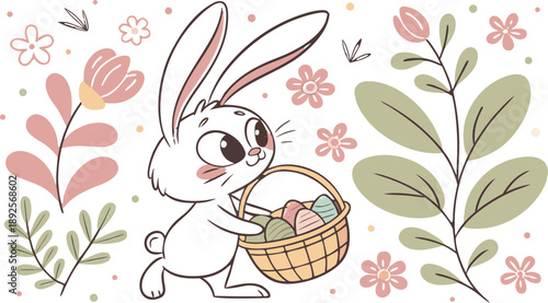 Easter poster and banner template with Easter eggs in the nest on light blue background.Greetings .
Colourful easter banner with bunnies, eggs and flowers. Vector