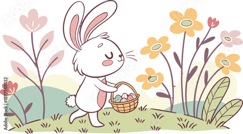 Easter poster and banner template with Easter eggs in the nest on light blue background.Greetings .
Colourful easter banner with bunnies, eggs and flowers. Vector