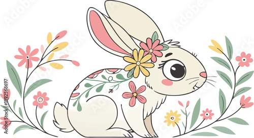 Easter poster and banner template with Easter eggs in the nest on light blue background.Greetings .
Colourful easter banner with bunnies, eggs and flowers. Vector