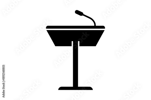 A minimalist black silhouette of a podium with a microphone on a white background