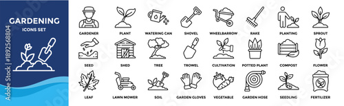 Gardening icon set. Containing plant, gardener, sprout, leaf, planting, seedling, shovel, watering can, rake, cultivation