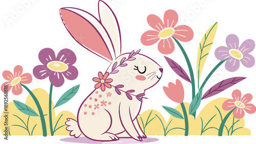 Easter poster and banner template with Easter eggs in the nest on light blue background.Greetings .
Colourful easter banner with bunnies, eggs and flowers. Vector