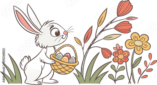 Easter poster and banner template with Easter eggs in the nest on light blue background.Greetings .
Colourful easter banner with bunnies, eggs and flowers. Vector
