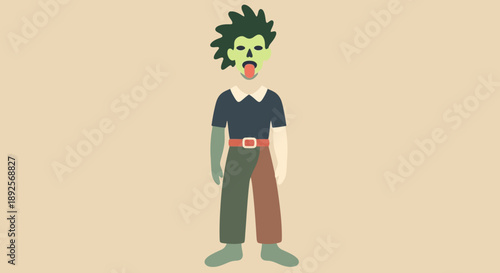 Cartoon character with green skin and spiky hair standing.