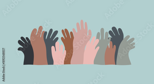 Diverse group of hands raised together in unity and solidarity.