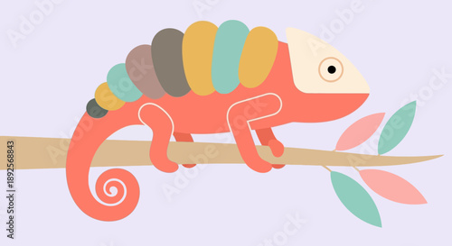 Colorful cartoon chameleon perched on a branch with leaves.