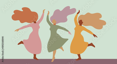 Three women dancing together in colorful dresses with flowing hair.