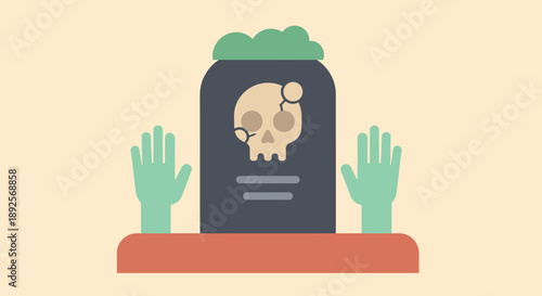 Tombstone with skull and hands illustration.