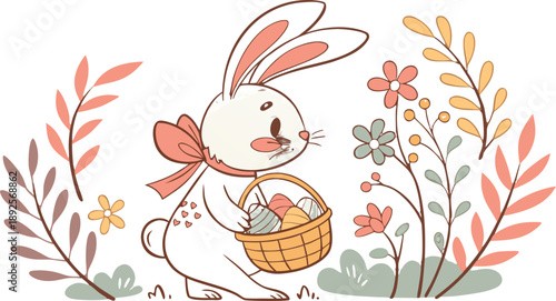 Easter poster and banner template with Easter eggs in the nest on light blue background.Greetings .
Colourful easter banner with bunnies, eggs and flowers. Vector